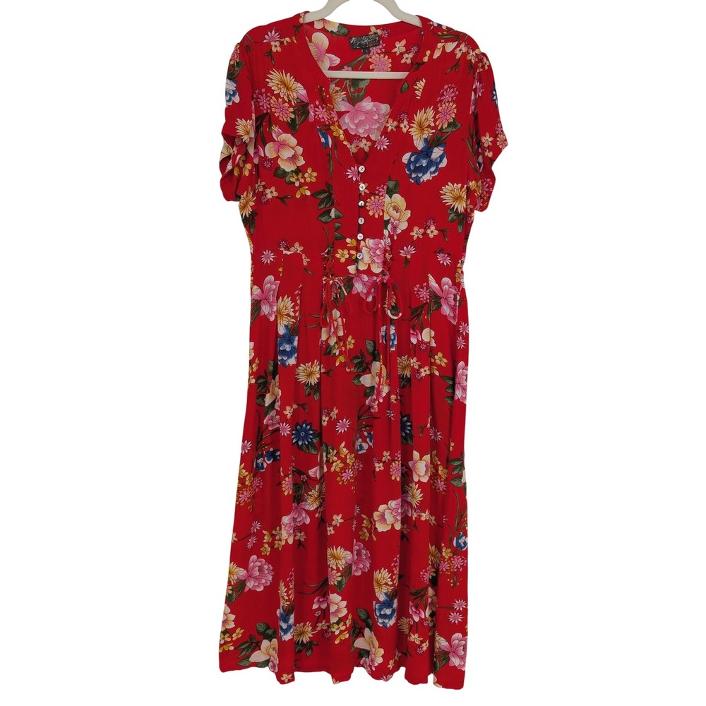 J Gee‎ Floral Midi Dress L Red Boho Button Front Rayon Lace Up Waist Cottagecore